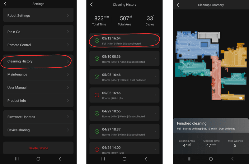 Die Reinigungshistorie lässt sich in der Roborock S9+ App einsehen.